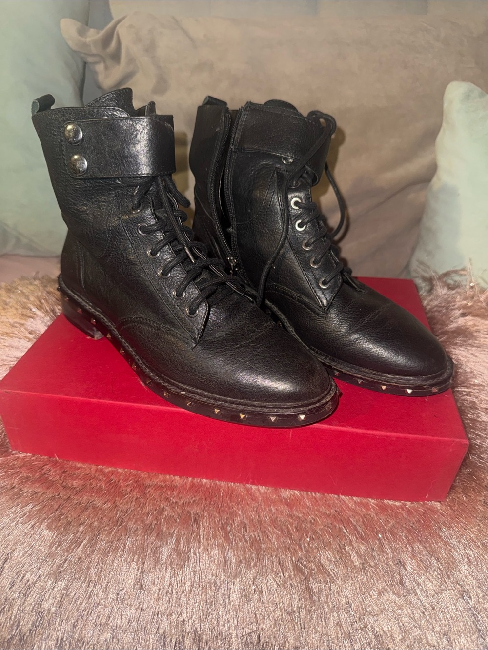 Vince Camuto Black Leather Combat Boots with Stud Trim